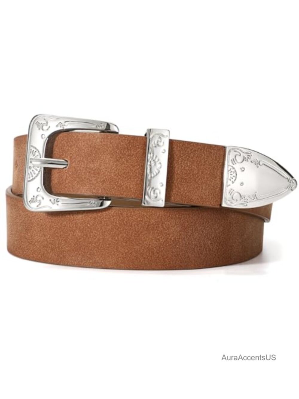Faux Suede Western Belt for Women, Floral Engraved Silver Buckle, Country